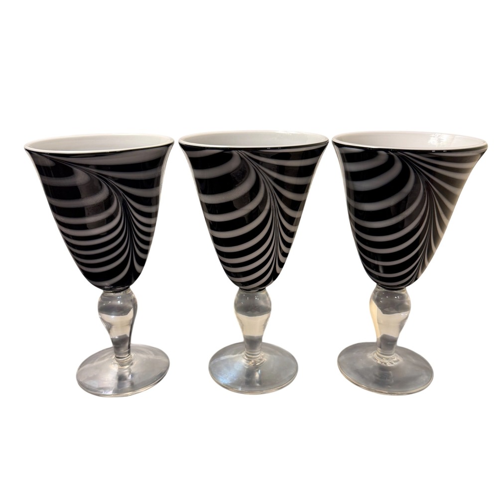 Vintage Italian Cased Art Glass Goblets Set 3 Black White Swirl Hand Blown MCM